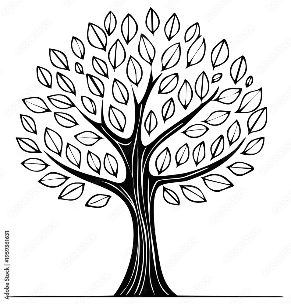 Obraz premium Stylized Line Art of a Tree with Full Foliage. Trunk, Branches, and Leaves. Graphic Illustration with Black Outline.