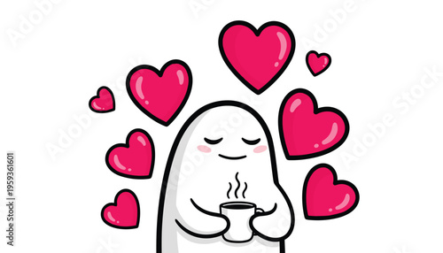 A cute cartoon ghost character surrounded by hearts and holding a steaming cup of coffee or tea on a white background with pink hearts