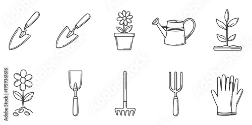Hand drawn collection of essential gardening tools and plant symbols perfect for spring season themes, agricultural content, and home garden project branding materials.