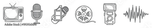 A set of media production and communication tools including a vintage television, classic microphone, film reel, camera, and sound wave graphic suitable for broadcasting and journalistic