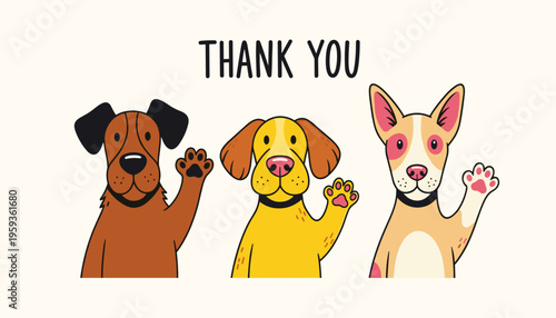 Three cartoon dogs waving and saying thank you
