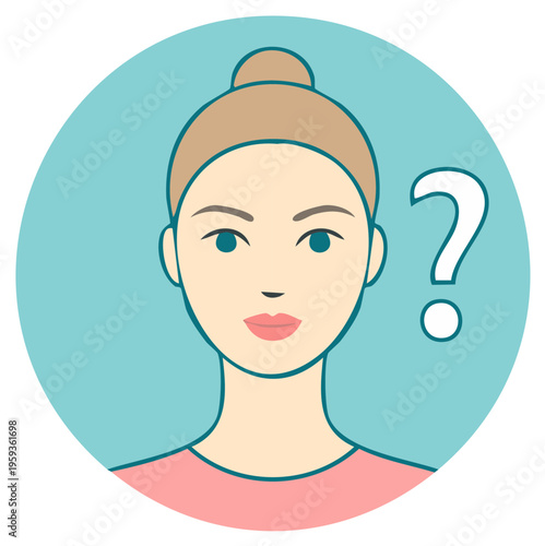 Confused woman with a question mark illustration in a circle icon