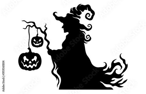 Halloween witch silhouette with hanging pumpkins on staff