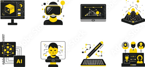 Set of 8 black and yellow technology vector icons featuring AI, VR, 3D modeling, data analysis, and digital collaboration for modern business and innovation concepts isolated PNG with