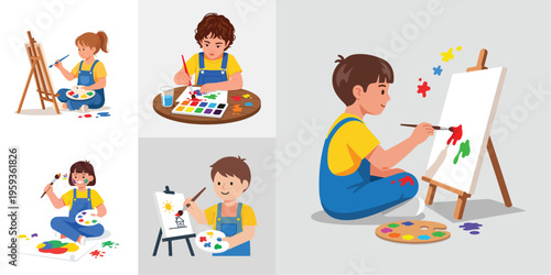 A child using a paintbrush and colors, flat vector, no outlines, clean white background