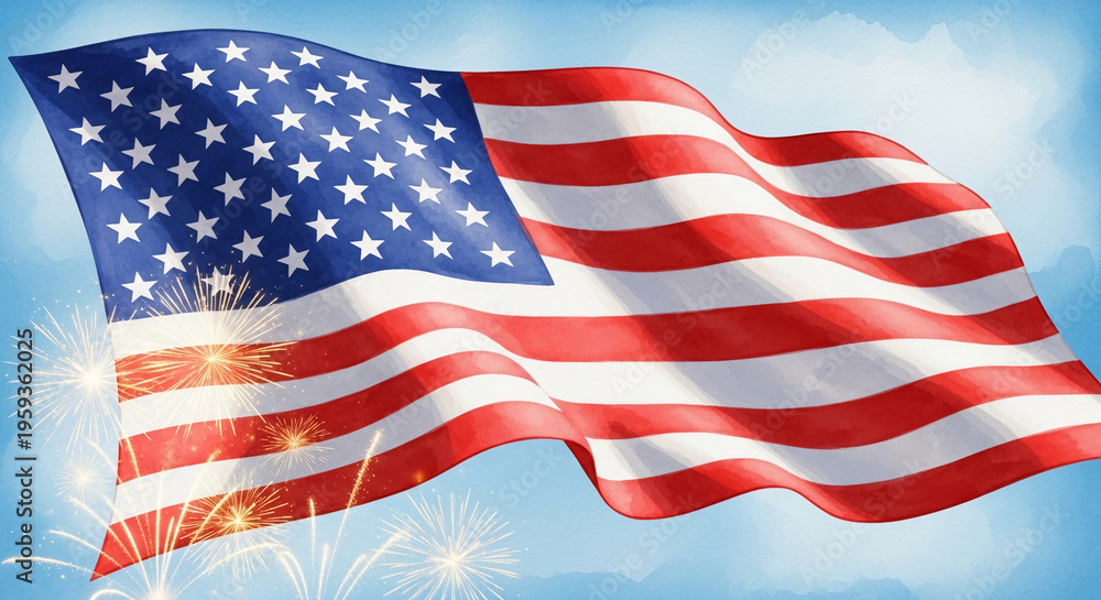 Obraz premium Waving flag illustration, with red and white stripes, blue field with white stars and fireworks, representing patriotism, celebration, independence
