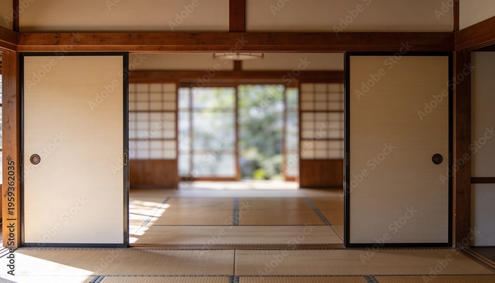 Fototapeta premium Framing open fusuma doors leading into Japanese room, with tatami, shoji, beams, garden, sunlight