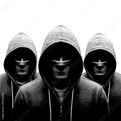 Three hooded figures stand together in darkness and anonymity indoors