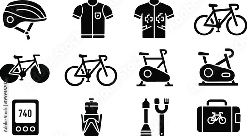 Set of 12 black silhouette vector icons for cycling, featuring bicycle helmets, jerseys, road bikes, mountain bikes, stationary bikes, bike computers, water bottles, repair tools