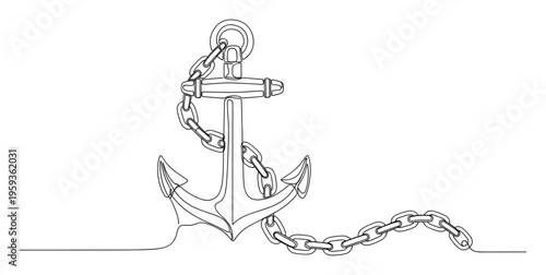 Continuous line drawing of a traditional nautical anchor with a heavy chain symbolizing stability and maritime adventure for marine themed projects or shipping industry graphics