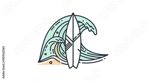 Surfing wave, surfboard icon, beach symbol, ocean graphic
