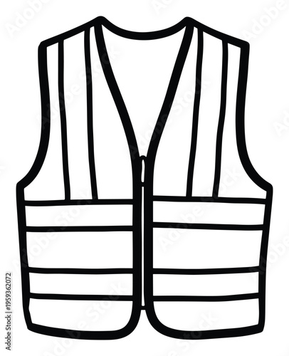 Outline drawing of a high visibility safety vest featuring reflective stripes, essential protective gear for construction sites and road work safety applications.