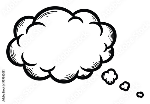 Bold graphic outline thought speech bubble cloud with comic book style shading lines suitable for visual storytelling, expressing ideas, or presenting text in a clear engaging manner for