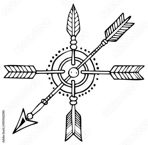 Bohemian Tribal Arrow Compass Emblem Circular Graphic Design with Four Directional Points