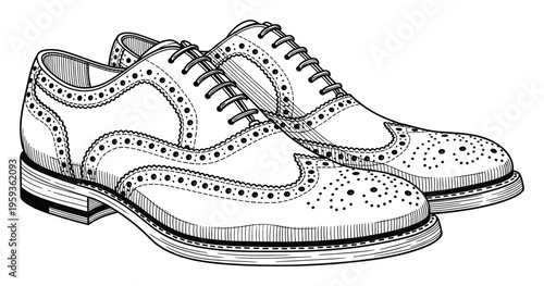 Classic elegant mens brogue dress shoes with intricate perforations and lacing depicted in a vintage handdrawn style, perfect for fashion and apparel related content