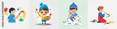 A child using a paintbrush and colors, flat vector, no outlines, clean white background
