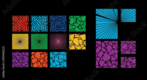 Vibrant geometric patterns cover colorful squares on a black background