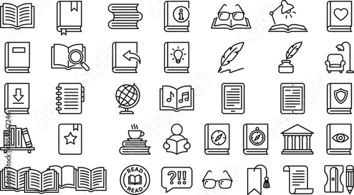 Education and Reading Line Icon Set with Books Library Study Glasses Notebook Knowledge Learning Literature Bookmark and Academic Symbols Outline Vector Collection