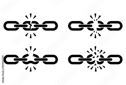 Broken chain links icon set showing disconnected parts vector
