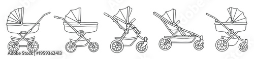 A collection of simple black outline drawings featuring various types of baby strollers and prams, perfect for nursery decorations, baby care content, or product advertisements.