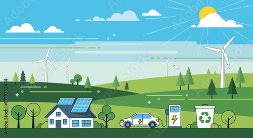 Eco friendly village, renewable energy landscape, solar powered home, green environment