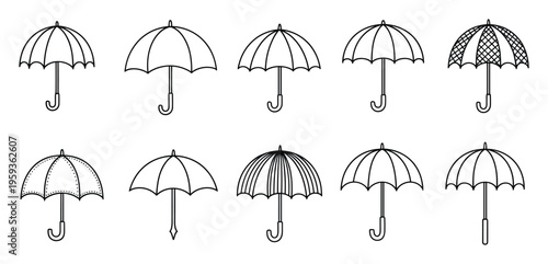 A versatile collection of umbrella outline icons in various styles, perfect for illustrating weather forecasts, seasonal themes, rain protection, accessory symbols, or graphic design