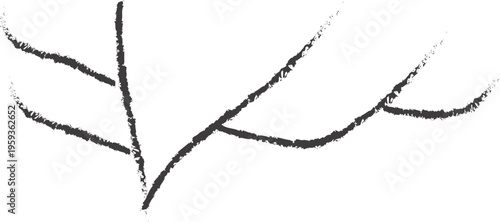 hand drawn abstract branching structure with central vertical line splitting into multiple curved branches, rough textured strokes resembling tree branch, river delta, or conceptual diagram illustrati