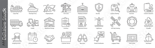 Shipping, logistics and maritime transport icon set – editable outline symbols of cargo ship, container, port, customs, tracking and delivery