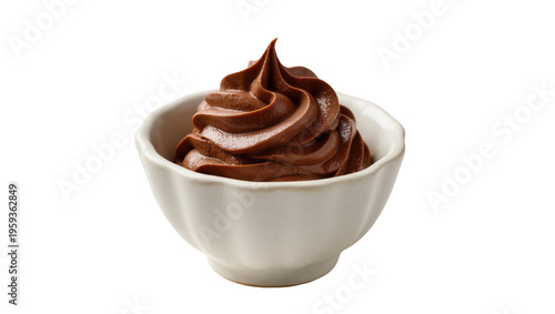 Photography Delicious chocolate mousse swirled in a small white bowl, ready to be enjoyed as a sweet dessert