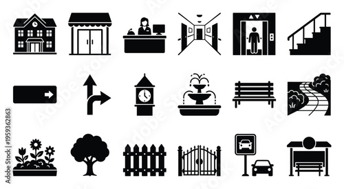 Collection of essential black and white glyph icons representing various public facilities, outdoor park amenities, and navigational elements, ideal for mapping, wayfinding, or general