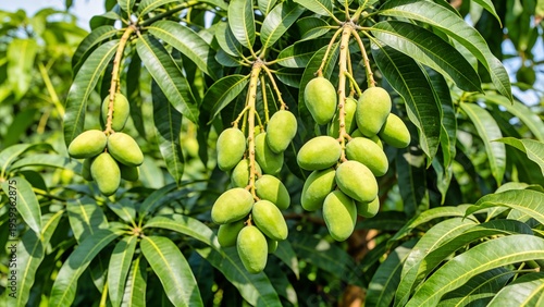 mango tree with clusters of unripe green mangoes hanging from its branches, surrounded by dense elongated leaves. Captured in daylight. without text 