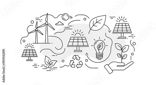 Eco friendly icons, sustainable energy symbols, green technology illustrations, environmental conservation graphics