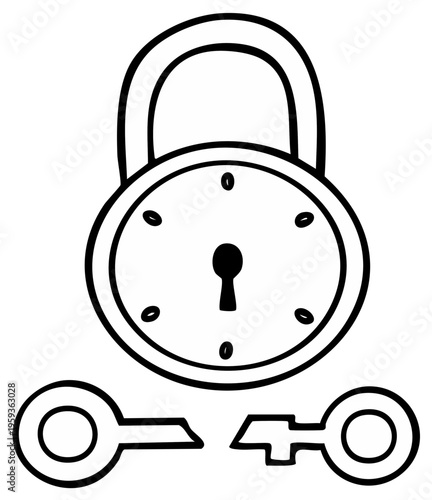 Cartoon padlock with a broken key lying separately, representing security and access