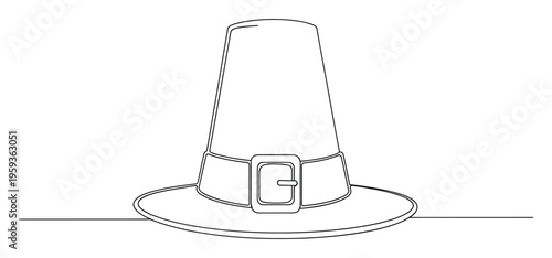 Continuous line drawing of a traditional pilgrim hat with a buckle, perfect for celebrating Thanksgiving, historical themes, educational resources, or seasonal promotional materials.