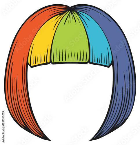 Cartoon rainbow wig with black outline, bright colorful hairpiece, isolated