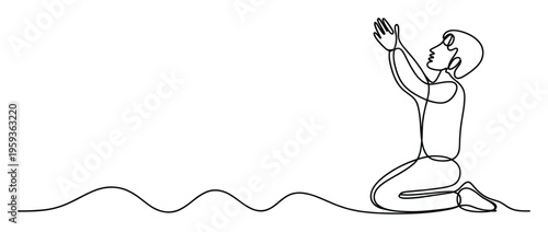 Continuous line drawing of a person kneeling in prayer with hands raised, symbolizing hope and devotion for spiritual guidance and emotional wellbeing applications.