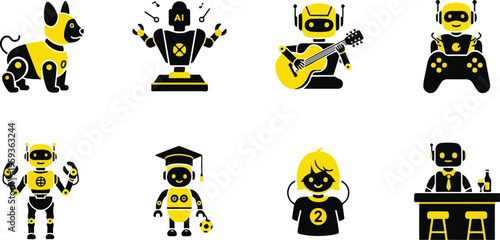 Set of 8 black and yellow robot character vector icons featuring a dog, AI assistant, guitarist, gamer, strongman, graduate, listener, and bartender for technology and lifestyle designs.