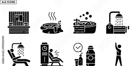 Set of 8 black glyph vector icons depicting various spa and wellness treatments including sauna, hot tub, bath, shower, and relaxation, ideal for health and beauty websites, apps