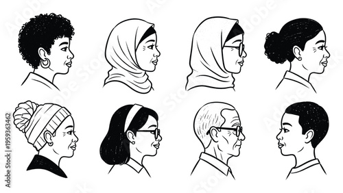 A comprehensive collection of diverse human profile portraits showcasing a wide range of ages and ethnicities, suitable for representing a global multicultural community in social studies