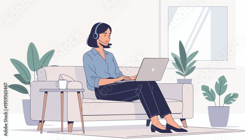 Flat vector illustration of a professional woman wearing a headset and sitting on a sofa while using a laptop for a video call or remote work in a modern minimalist living room interior.