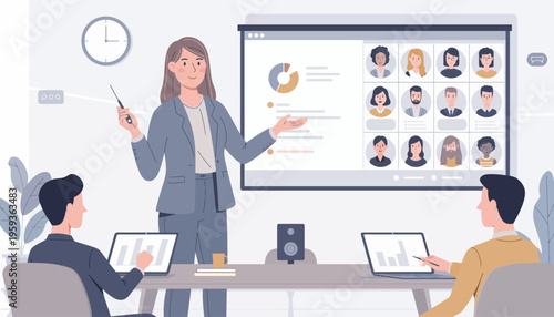 Flat illustration of a female manager presenting data on a large screen to a hybrid team of office colleagues and remote participants via video call in a modern office meeting room.