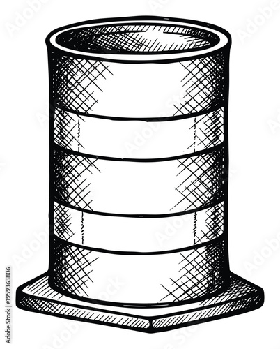 Hand drawn sketch of a striped traffic barrel, an essential safety warning device for road construction or hazardous area demarcation, useful for urban planning or project management