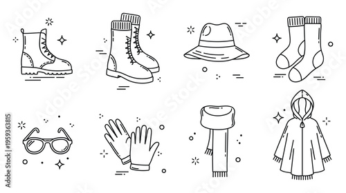 Set of simple line icons depicting essential travel and cold weather accessories including boots, hats, socks, gloves, scarf, sunglasses, and a poncho, useful for web graphics or seasonal