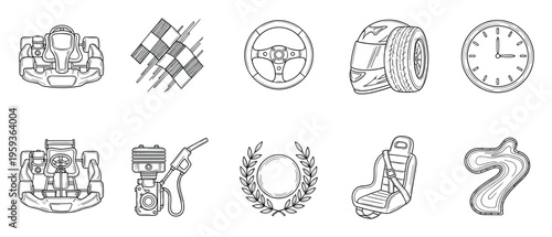 Go kart racing and motorsports outline icons featuring vehicles, flags, steering wheel, helmet, engine, and track symbols for event branding and promotion.