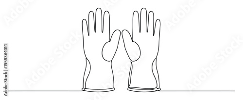 Continuous line drawing of two protective gloves suitable for cleaning or household tasks symbolizing hygiene and safety applications for health and home improvement projects