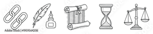 Collection of handdrawn vintage style symbols representing history, knowledge, justice, time, and connection, ideal for educational materials, legal themes, or classic storytelling projects