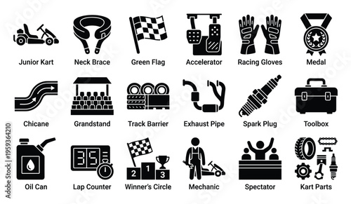 Comprehensive collection of go kart racing and karting sport icons in solid glyph style, perfect for illustrating race events, equipment, track components, and competitive activities for
