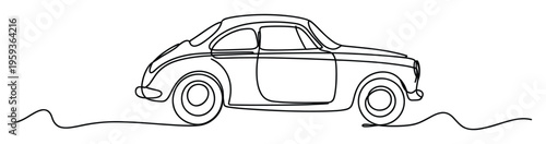 Minimalist continuous line drawing depicting a charming oldfashioned automobile in a profile view, showcasing its unique silhouette, suitable for conveying timeless travel, journey