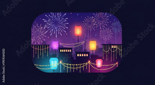 Vibrant cityscape at night with colorful lanterns and fireworks display in the sky festive atmosphere and bright lights celebration and joy urban landscape with string lights