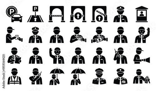 Versatile glyph icons depicting parking management, security personnel, and attendant services ideal for system interfaces, informational displays, and operational manuals.